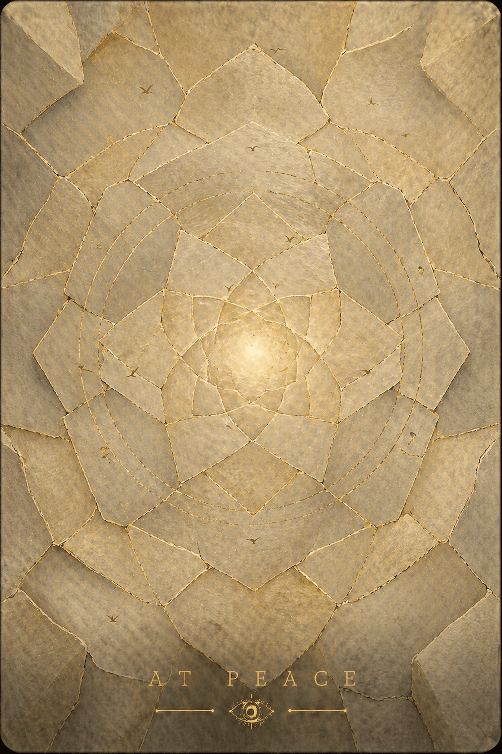 The Beacon Deck card 'At Peace' — a golden mandala of stone petals radiating from a bright center.
