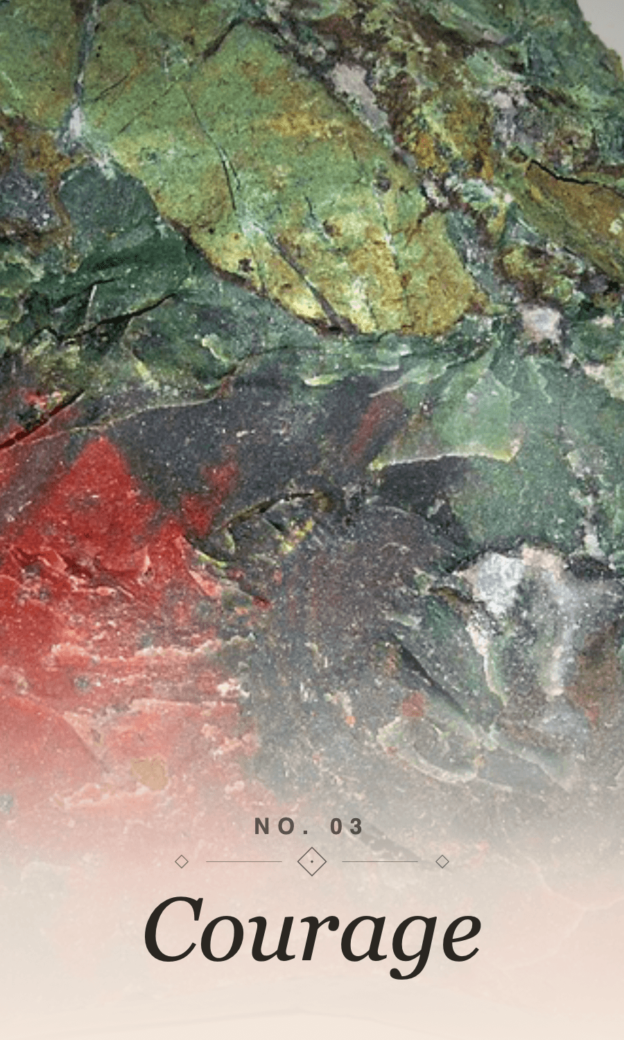 The Facet Deck card 'Courage' — a close photograph of bloodstone.